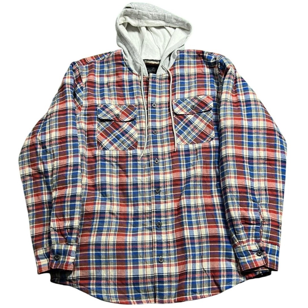 Wrangler Flannel Shirt Jacket Insulated Hooded Plaid Red White Blue Mens Large‎